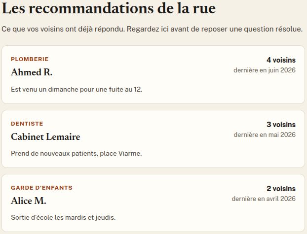Recommandations d'artisans partagées entre voisins : plombier, dentiste, garde d'enfants